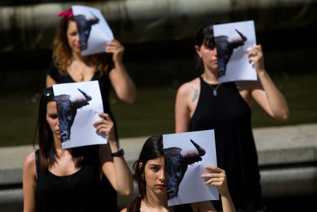 Djurrättsaktivister i Madrid protesterar mot tjurfäktning. REUTERS / TT